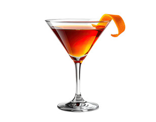 A cocktail in a martini glass, amber colored, garnished with an orange peel curl