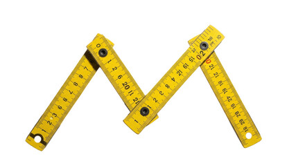 Yellow folding ruler creating the letter M isolated PNG with Transparent Background