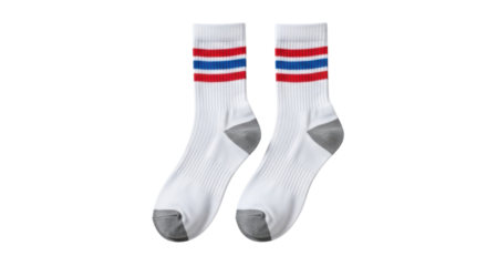 Pair of white socks with red and blue stripes isolated PNG with Transparent Background