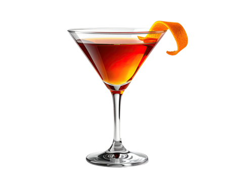 A cocktail in a martini glass, amber colored, garnished with an orange peel curl