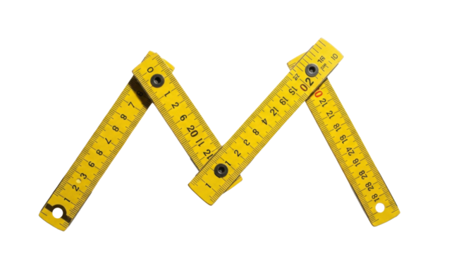 Yellow folding ruler creating the letter M isolated PNG with Transparent Background