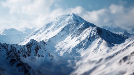 Obraz premium Snow-covered mountains rise sharply against a cloudy sky, creating contrast between the mountains and the soft clouds. The snowy peaks and rugged slopes define the icy scene.
