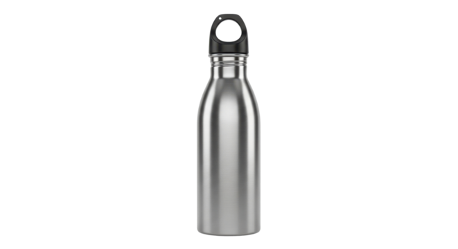 Reusable silver metallic water bottle for sports and fitness isolated PNG with Transparent Background - Powered by Adobe
