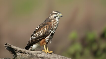 Fototapeta premium A beautiful broad winged hawk perched on a branch, showcasing its intricate feather patterns and sharp gaze against a blurred natural backdrop