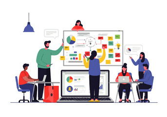 Fototapeta premium A diverse group of people collaborating on a project, analyzing data on a whiteboard and laptops in a modern office setting.