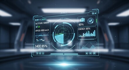 Futuristic holographic display interface showing altitude, speed, energy levels, and data charts in a modern, sleek environment.