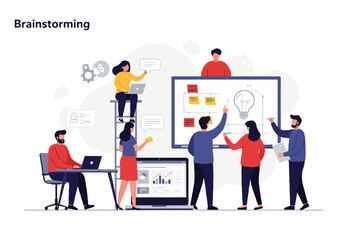 A team of diverse professionals brainstorms ideas around a whiteboard, using laptops and sticky notes in a collaborative office environment.
