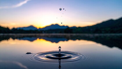 A Single Water Droplet Creates Circular Ripples on a Calm Lake Surface at Sunrise with Mountains in the Background