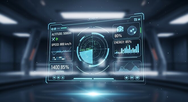 Futuristic holographic display interface showing altitude, speed, energy levels, and data charts in a modern, sleek environment.