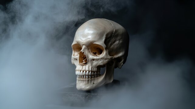 A human skull emerges from a cloud of smoke, creating a mysterious and eerie atmosphere, highlighting the fragility of life and the inevitability of death