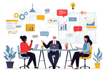 Three business people are collaborating at a table with laptops, connected by a network of data charts and a lightbulb idea.