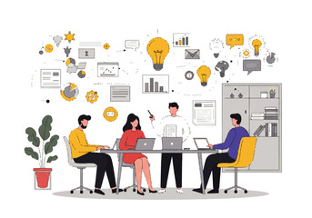 Four colleagues collaborating around a table with laptops, brainstorming ideas represented by lightbulbs and data charts in a modern office setting.