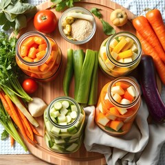 Assorted Vegetables and Jars for Pickling on a Wooden Board