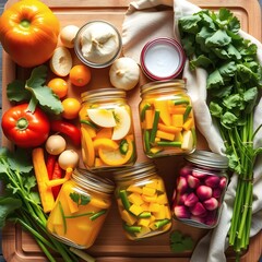 Colorful Vegetables, Jars of Pickles, and Fresh Cilantro