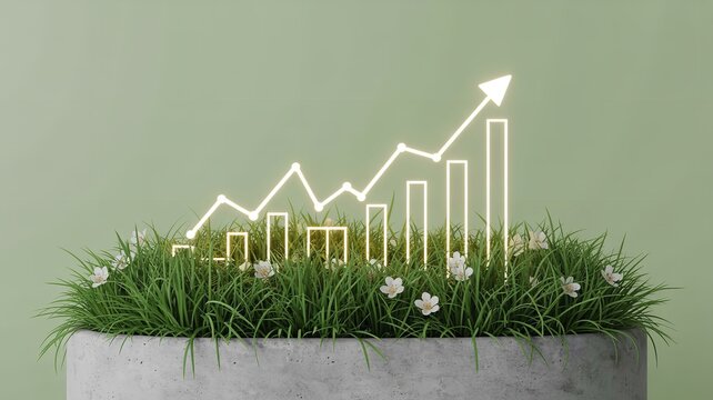 A glowing line graph rises from a patch of grass and white flowers, symbolizing growth, investment, and sustainable business practices