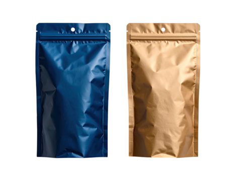 Two food pouches, one navy blue, one beige, with zippers