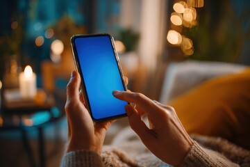 Point finger on screen phone closeup, person testing test message, touch blue screen on smartphone. Night Bokeh Light. Close-UP. Person using in hands mobile phone close up in the dark. Online wi-fi