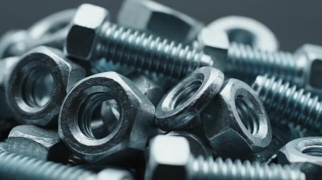 Close-up pile of steel nuts and bolts showcasing chrome threads and metallic texture, essential fasteners for repair, construction, machinery maintenance and industrial assembly projects