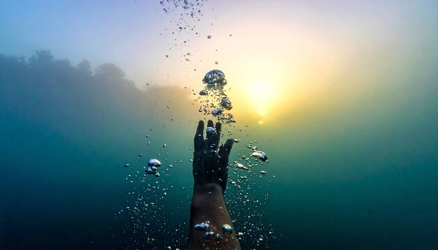 A Submerged Hand Reaches Aspiringly Towards a Radiant Sunlit Surface Amidst a Cascade of Rising Bubbles