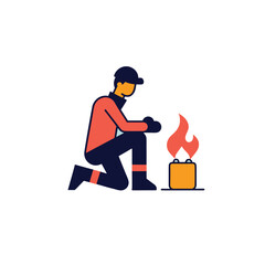 Person kneeling by a small campfire with flames