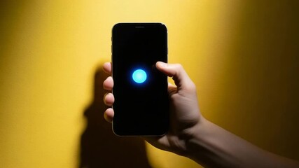 hand holding smartphone with interactive blue light on screen - Powered by Adobe