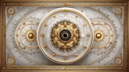 Ornate circular ceiling design featuring intricate gold patterns and a central eye motif