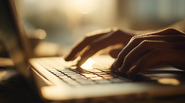 Hands type on the keyboard, illuminated by the soft light. The hands move gracefully across the keys in a focused setting with hands poised over the keyboard.