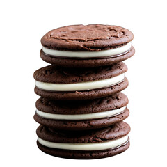 Stack of Four Chocolate Sandwich Cookies with Cream Filling on a transparent background PNG 