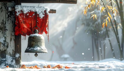 An Ancient Weathered Bell and Tattered Red Fabric in a Serene Winter Bamboo Forest