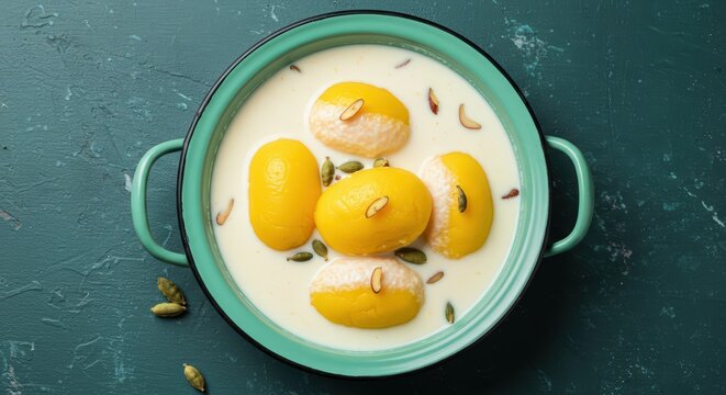 Bengali Malai Chomchom sweet dish served in creamy milk with almonds and cardamom in a turquoise enamel pot
