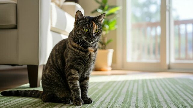 A tortoiseshell cat sits on a rug in a sunlit room