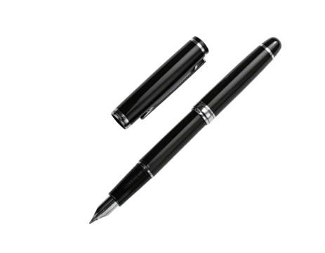 Black fountain pen, open cap, angled view - Powered by Adobe