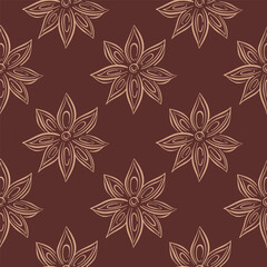 Seamless floral pattern with star anise in line art style. Background for textile, wallpaper and ornamental design.