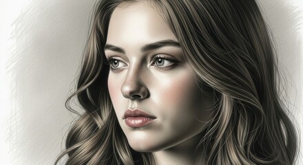 Serene portrait of a young woman with thoughtful expression and flowing hair