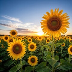 Sunflowers at Sunset in a Vast Field.