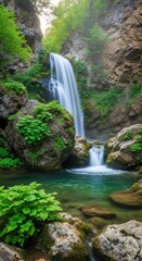 Majestic waterfall flows into a pristine turquoise pool, surrounded by lush greenery