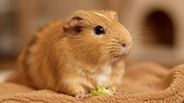 Cute Fluffy Guinea Pig Eating Lettuce on Brown Blanket - Pet Rodent Close-up