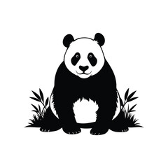 Stylized Black and White Panda Bear Illustration with Bamboo Plants Around It, panda in natural habitat silhouette vector illustration