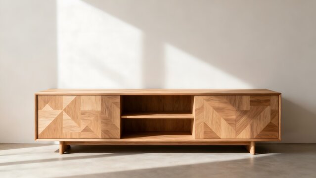 Wooden media console with geometric pattern