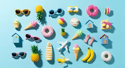 Summer vacation flat lay with sunglasses and sweets on a blue background