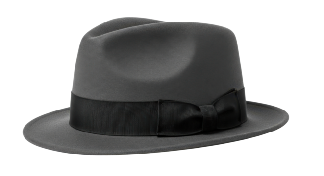 Classic grey fedora hat with black ribbon isolated PNG with Transparent Background