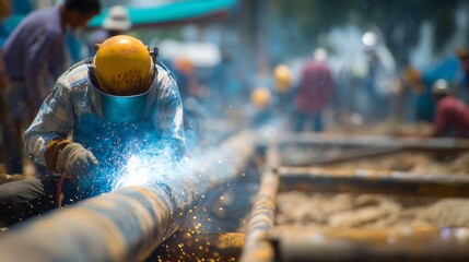 A welder uses a torch on metal as sparks fly around the welder and the metal. Other workers in helmets work on metal pieces in the industrial site in the background.