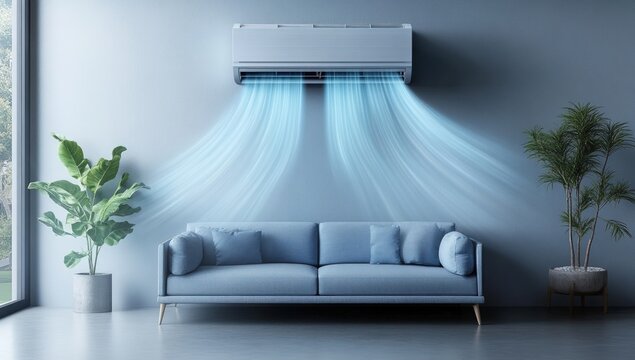 A modern living room showcasing an AC unit with cool air, couch, plants, and large window