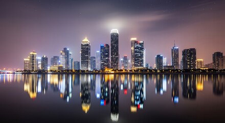 City skyline at night reflecting in water creating a serene urban scene