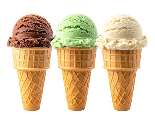 Three ice cream scoops in waffle cones, chocolate, mint, and vanilla