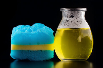 A vibrant blue and yellow cleaning sponge rests beside a clear glass container filled with yellow soapy liquid against a dark backdrop.