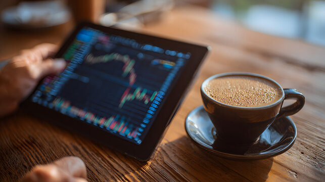 Tablet with stock market graph and coffee cup