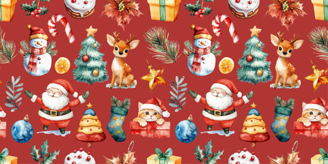 Fototapeta premium Watercolor Christmas seamless pattern on red background fabric wallpaper or greeting cards design illustration with fir tree branches and New Year decoration