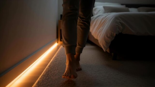 Woman with barefoot walking on floor with led light at home, going to bed in dark room at night, close up, footage.
