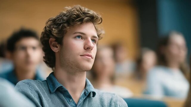 team of MBA students practicing public speaking under soft spotlight in lecture hall distant murmur of peers rehearsal vibe three quarter wide angle cinematic color correction